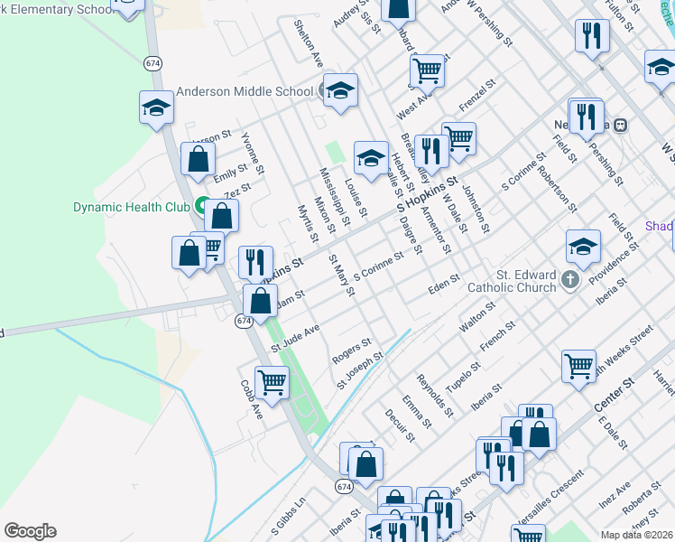map of restaurants, bars, coffee shops, grocery stores, and more near 520 Saint Mary Street in New Iberia
