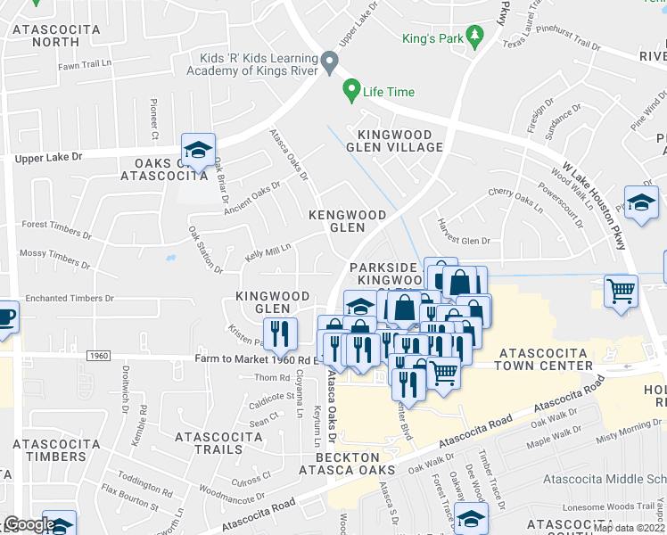 map of restaurants, bars, coffee shops, grocery stores, and more near 6031 Timber Oaks Ridge in Humble