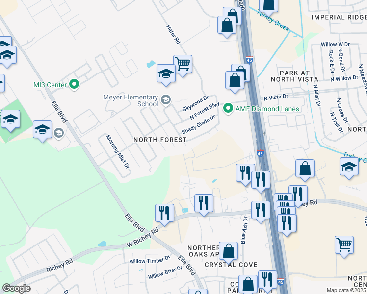 map of restaurants, bars, coffee shops, grocery stores, and more near 514 Mistywood Drive in Houston