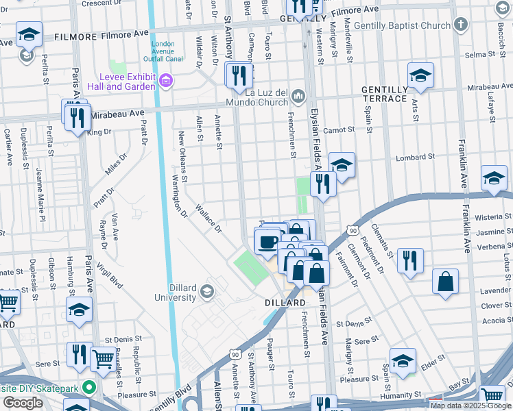 map of restaurants, bars, coffee shops, grocery stores, and more near 4320 Pauger Street in New Orleans