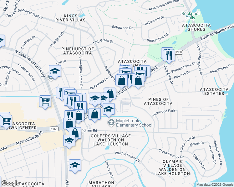 map of restaurants, bars, coffee shops, grocery stores, and more near 7855 Farm to Market 1960 Road East in Humble