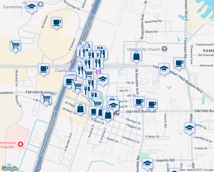 map of restaurants, bars, coffee shops, grocery stores, and more near 600 Charles Street in Humble