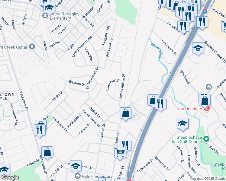 map of restaurants, bars, coffee shops, grocery stores, and more near 220 Turtle Creek Dr in Kyle