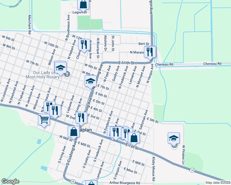 map of restaurants, bars, coffee shops, grocery stores, and more near 700-798 North Frederick Avenue in Kaplan