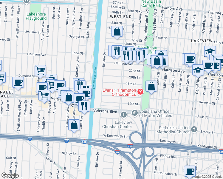 map of restaurants, bars, coffee shops, grocery stores, and more near 332 18th Street in New Orleans