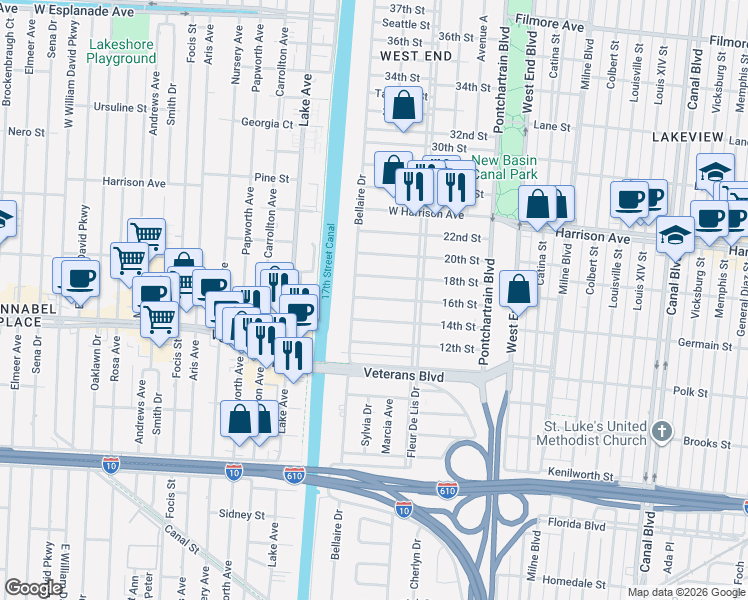 map of restaurants, bars, coffee shops, grocery stores, and more near 6145 Bellaire Drive in New Orleans