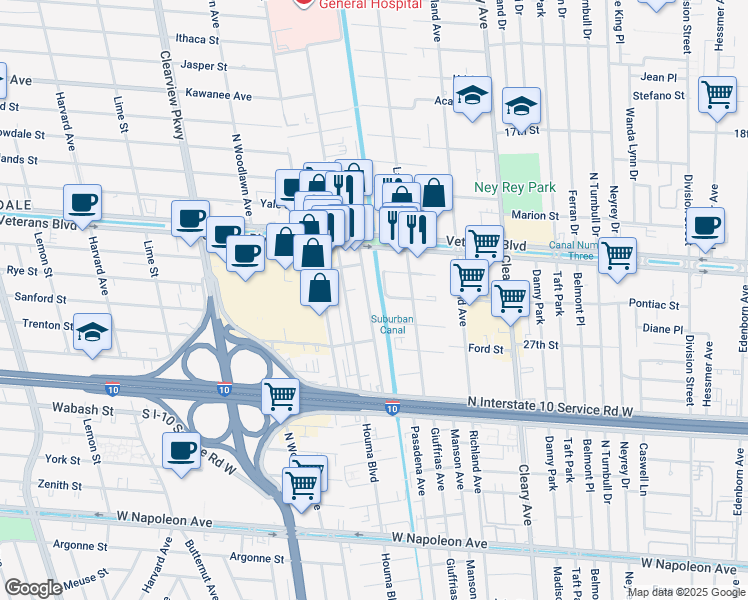 map of restaurants, bars, coffee shops, grocery stores, and more near 3106 Independence Street in Metairie