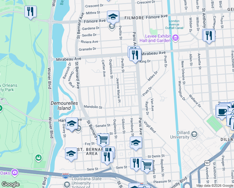 map of restaurants, bars, coffee shops, grocery stores, and more near 4421 Jeanne Marie Place in New Orleans