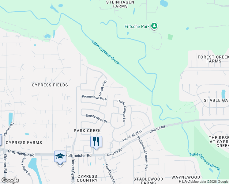map of restaurants, bars, coffee shops, grocery stores, and more near 16523 Sunset Green Court in Cypress