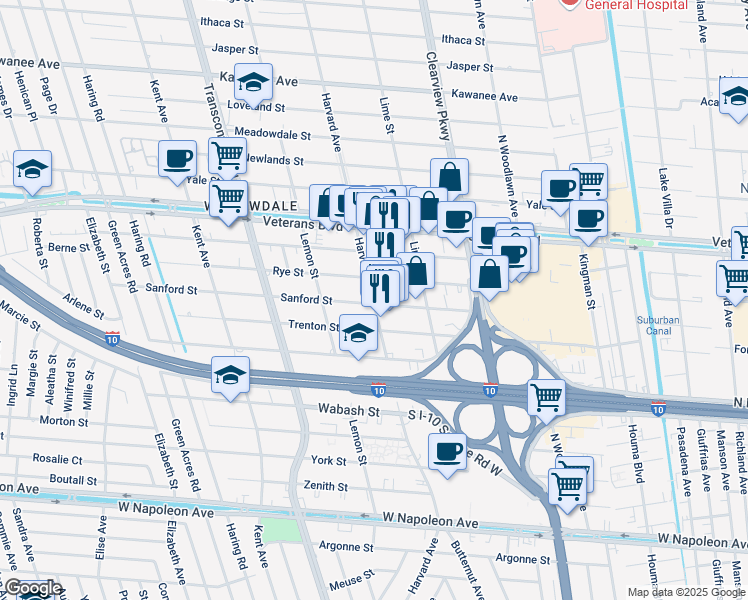 map of restaurants, bars, coffee shops, grocery stores, and more near 4740 Rye Street in Metairie