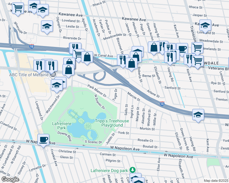 map of restaurants, bars, coffee shops, grocery stores, and more near 2906 Tugie Drive in Metairie