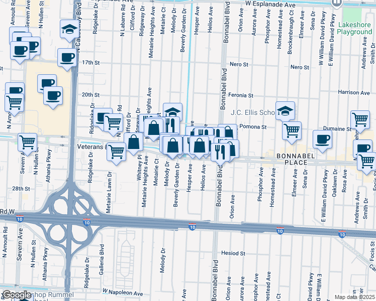 map of restaurants, bars, coffee shops, grocery stores, and more near 812 Hesper Avenue in Metairie