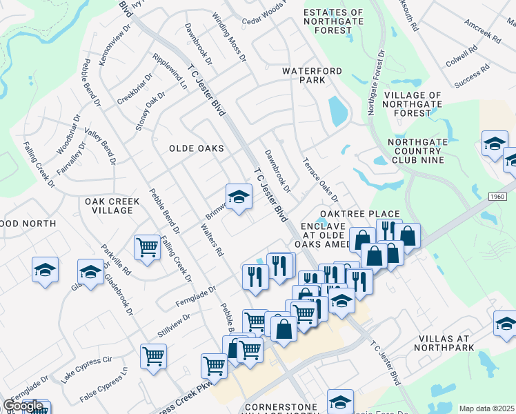 map of restaurants, bars, coffee shops, grocery stores, and more near 15015 T C Jester Boulevard in Houston