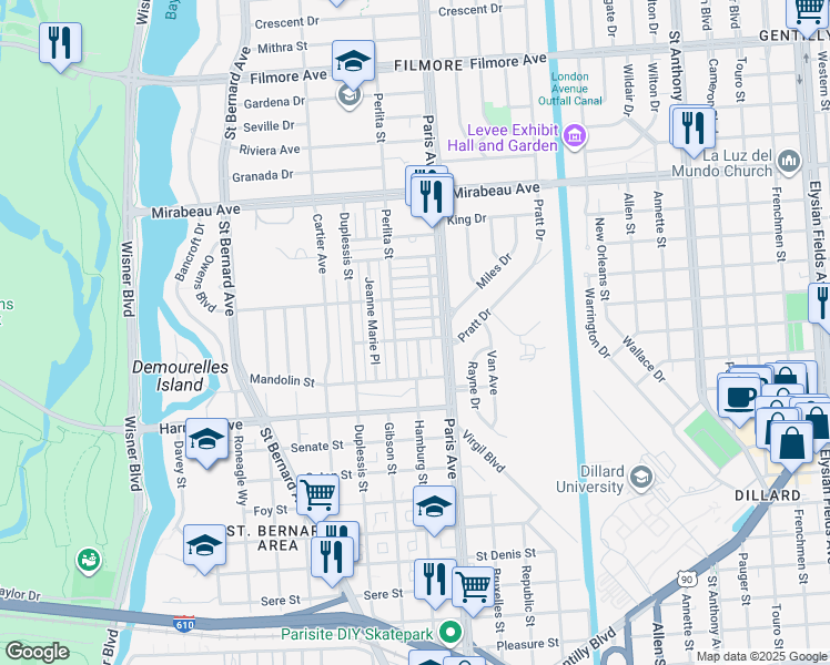 map of restaurants, bars, coffee shops, grocery stores, and more near 1528 Virginia Marie Street in New Orleans