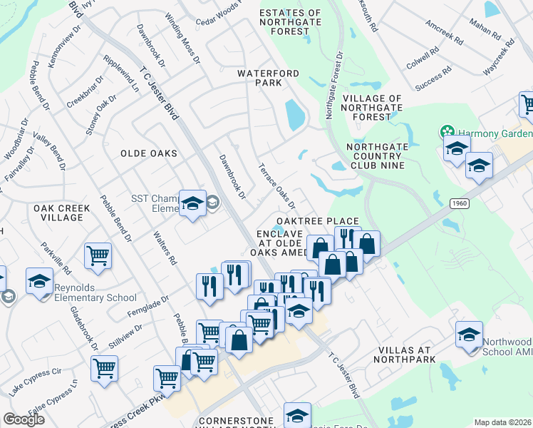map of restaurants, bars, coffee shops, grocery stores, and more near 3219 Pebble Trace Drive in Houston