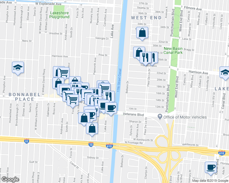 map of restaurants, bars, coffee shops, grocery stores, and more near 1011 Lake Avenue in Metairie