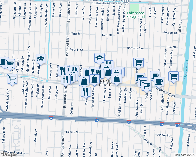 map of restaurants, bars, coffee shops, grocery stores, and more near 712 Brockenbraugh Court in Metairie