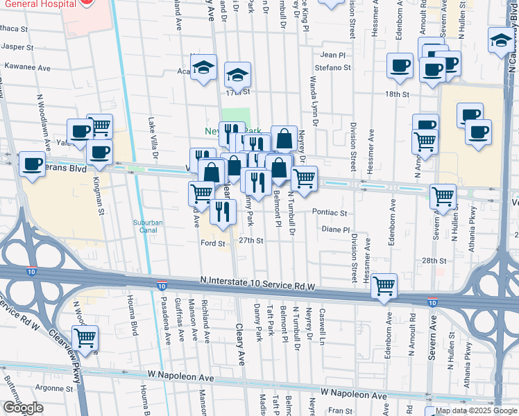 map of restaurants, bars, coffee shops, grocery stores, and more near 3225 Danny Park in Metairie