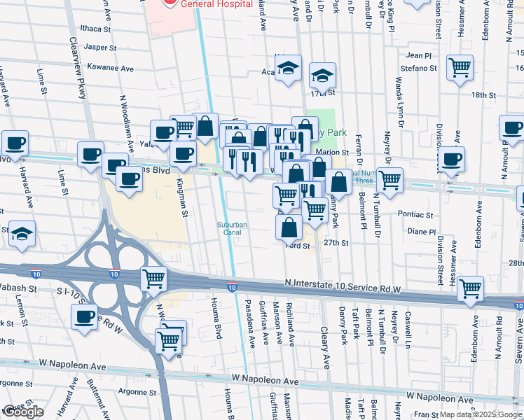 map of restaurants, bars, coffee shops, grocery stores, and more near 4020 Quincy Street in Metairie