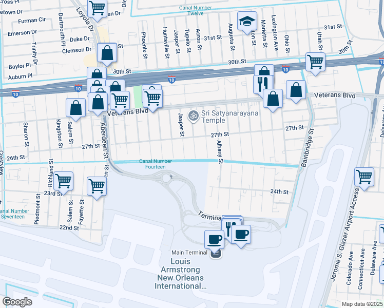map of restaurants, bars, coffee shops, grocery stores, and more near 2625 Acron Street in Kenner