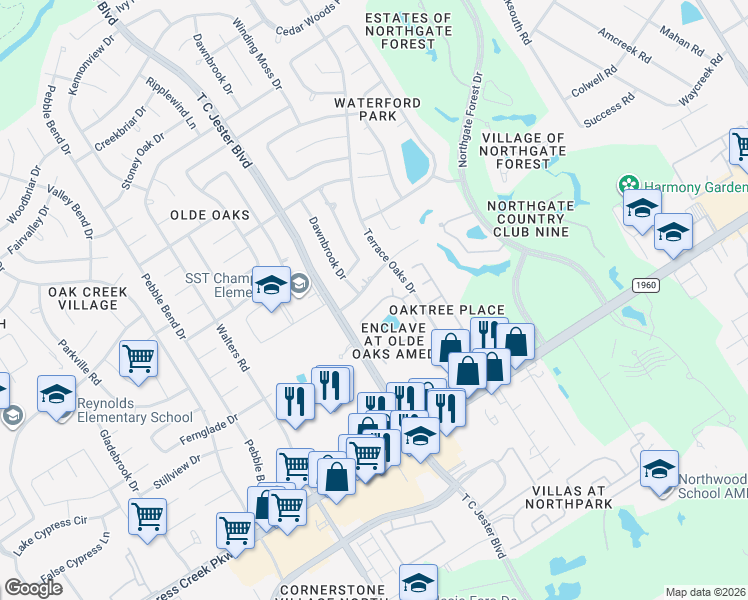 map of restaurants, bars, coffee shops, grocery stores, and more near 3219 Pebble Trace Drive in Houston