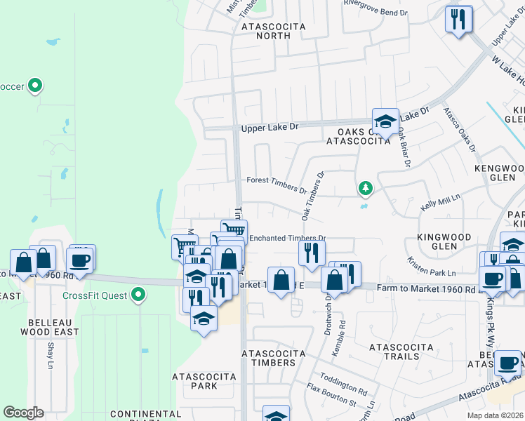 map of restaurants, bars, coffee shops, grocery stores, and more near 5431 Mossy Timbers Drive in Humble