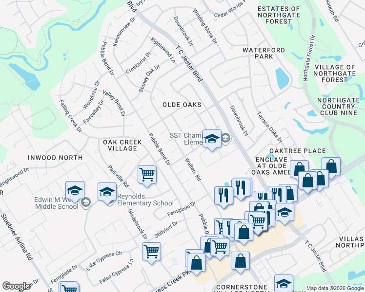 map of restaurants, bars, coffee shops, grocery stores, and more near 15126 Walters Road in Houston