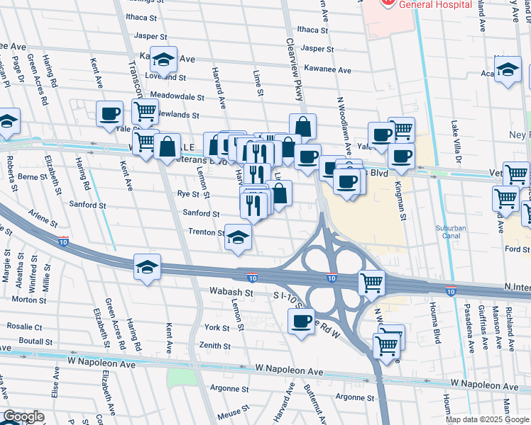 map of restaurants, bars, coffee shops, grocery stores, and more near 4740 Rye Street in Metairie
