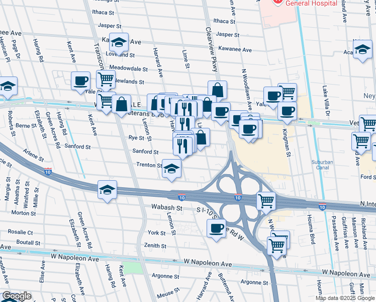 map of restaurants, bars, coffee shops, grocery stores, and more near 4740 Rye Street in Metairie