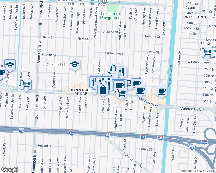 map of restaurants, bars, coffee shops, grocery stores, and more near 732 Rosa Avenue in Metairie
