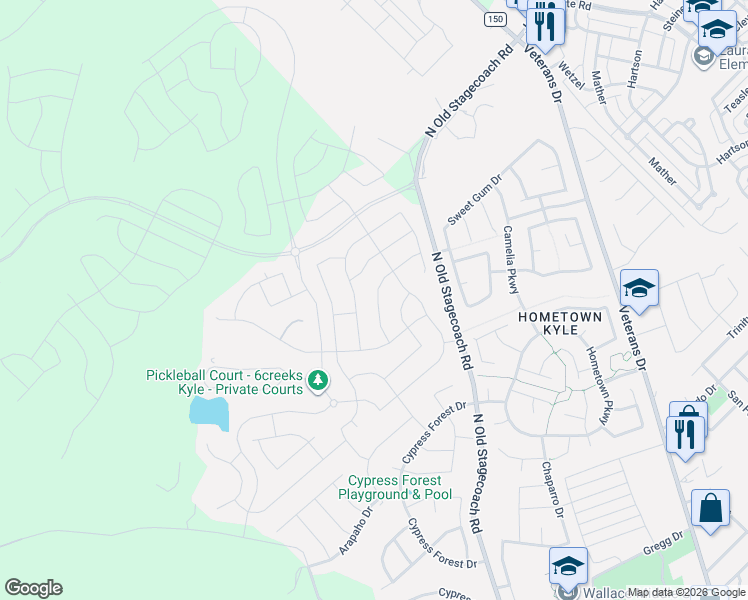 map of restaurants, bars, coffee shops, grocery stores, and more near 124 Eagle Ford Drive in Kyle