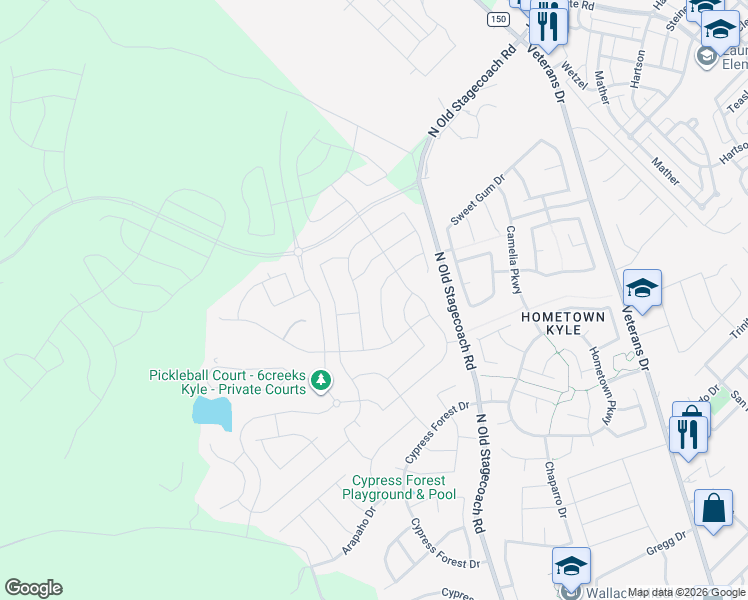 map of restaurants, bars, coffee shops, grocery stores, and more near 124 Eagle Ford Drive in Kyle