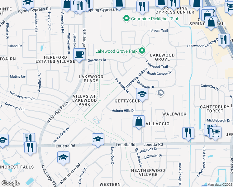 map of restaurants, bars, coffee shops, grocery stores, and more near 15711 Hermitage Oaks Drive in Tomball