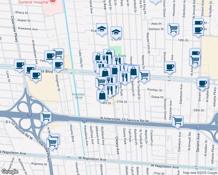 map of restaurants, bars, coffee shops, grocery stores, and more near 3200 Cleary Avenue in Metairie