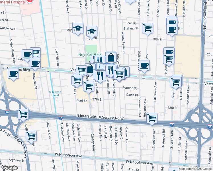 map of restaurants, bars, coffee shops, grocery stores, and more near 3212 Belmont Place in Metairie