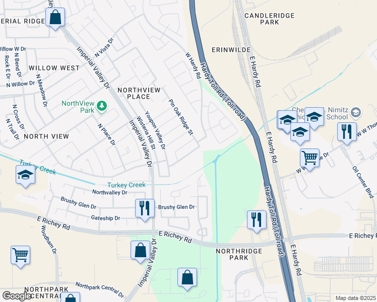map of restaurants, bars, coffee shops, grocery stores, and more near 1219 Piedmont Creek Trail in Houston