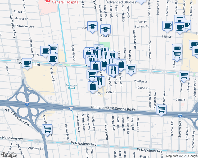map of restaurants, bars, coffee shops, grocery stores, and more near 3200 Cleary Avenue in Metairie