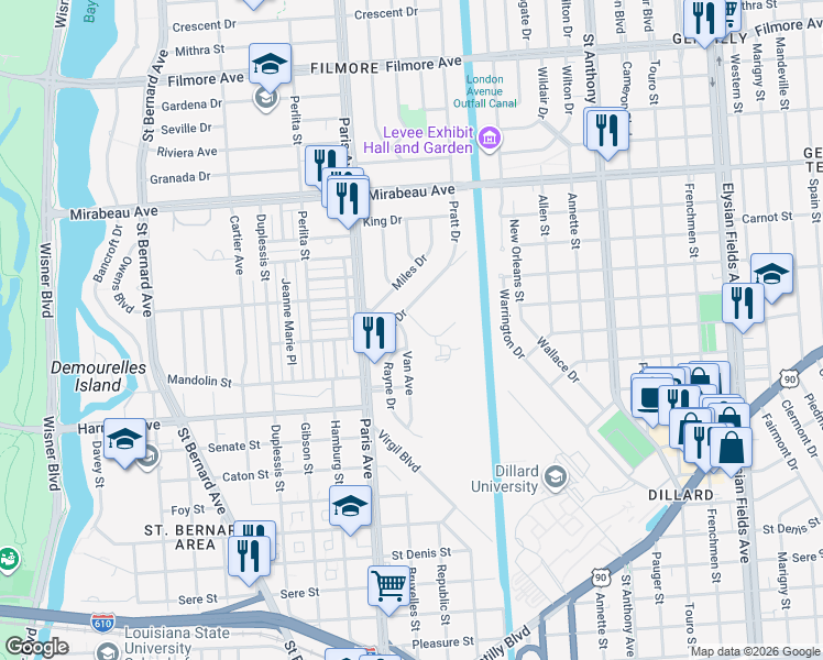 map of restaurants, bars, coffee shops, grocery stores, and more near 4355 Van Avenue in New Orleans