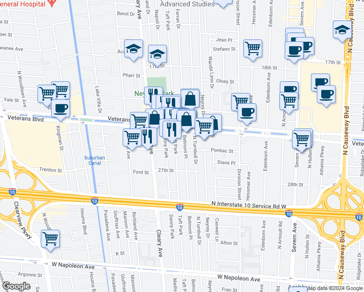 map of restaurants, bars, coffee shops, grocery stores, and more near 3212 Belmont Place in Metairie
