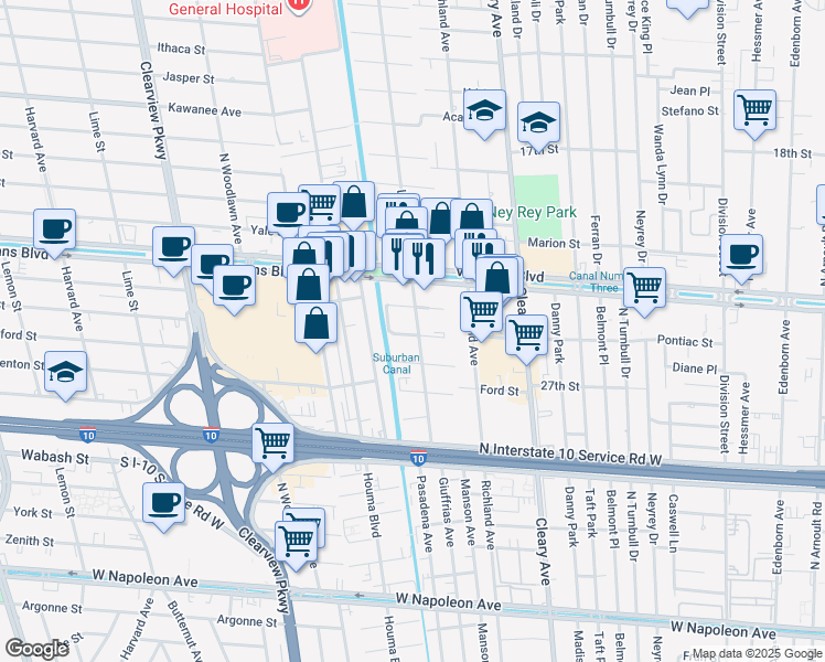 map of restaurants, bars, coffee shops, grocery stores, and more near 3020 Lake Villa Drive in Metairie