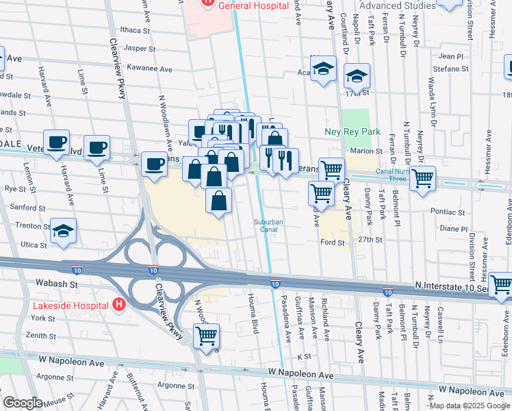 map of restaurants, bars, coffee shops, grocery stores, and more near 3106 Independence Street in Metairie