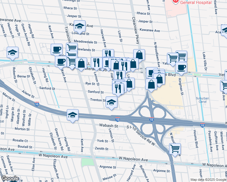 map of restaurants, bars, coffee shops, grocery stores, and more near 4816 Rye Street in Metairie