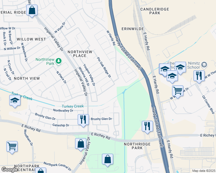 map of restaurants, bars, coffee shops, grocery stores, and more near 1219 Piedmont Creek Trail in Houston