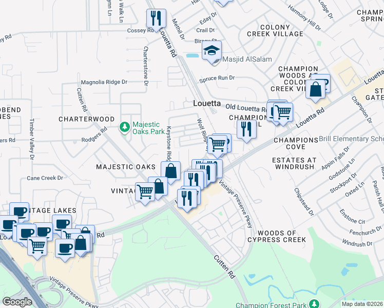 map of restaurants, bars, coffee shops, grocery stores, and more near 15918 Mustang Mountain Court in Houston