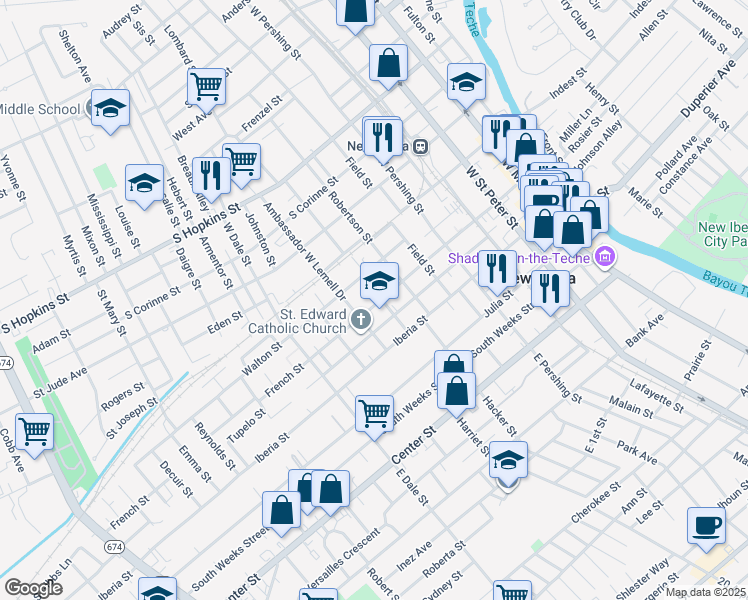 map of restaurants, bars, coffee shops, grocery stores, and more near 213 Porter Street in New Iberia