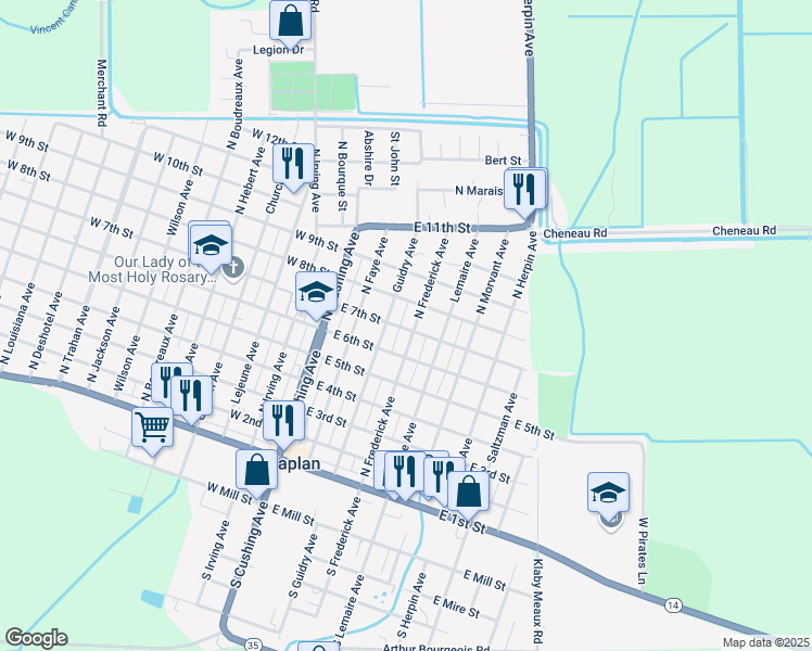 map of restaurants, bars, coffee shops, grocery stores, and more near 700 North Frederick Avenue in Kaplan