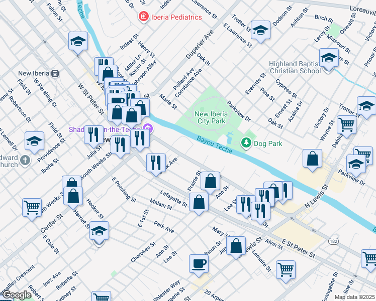 map of restaurants, bars, coffee shops, grocery stores, and more near Civic Center Cir in New Iberia
