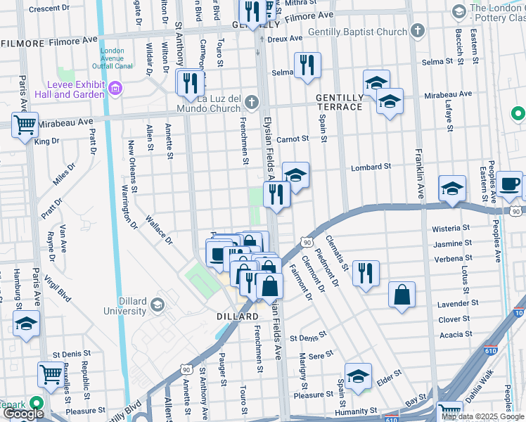 map of restaurants, bars, coffee shops, grocery stores, and more near 4336 Elysian Fields Avenue in New Orleans