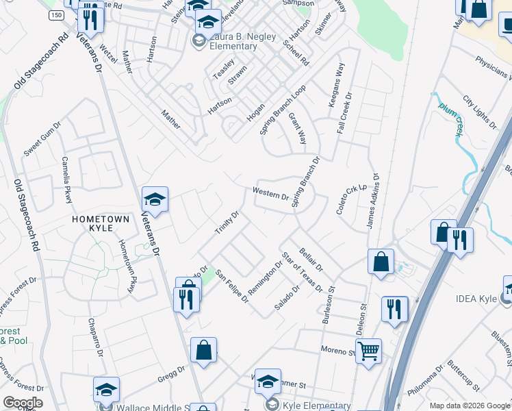 map of restaurants, bars, coffee shops, grocery stores, and more near 224 Jim Miller Drive in Kyle