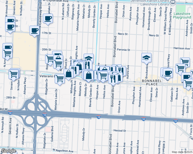 map of restaurants, bars, coffee shops, grocery stores, and more near 812 Hesper Avenue in Metairie